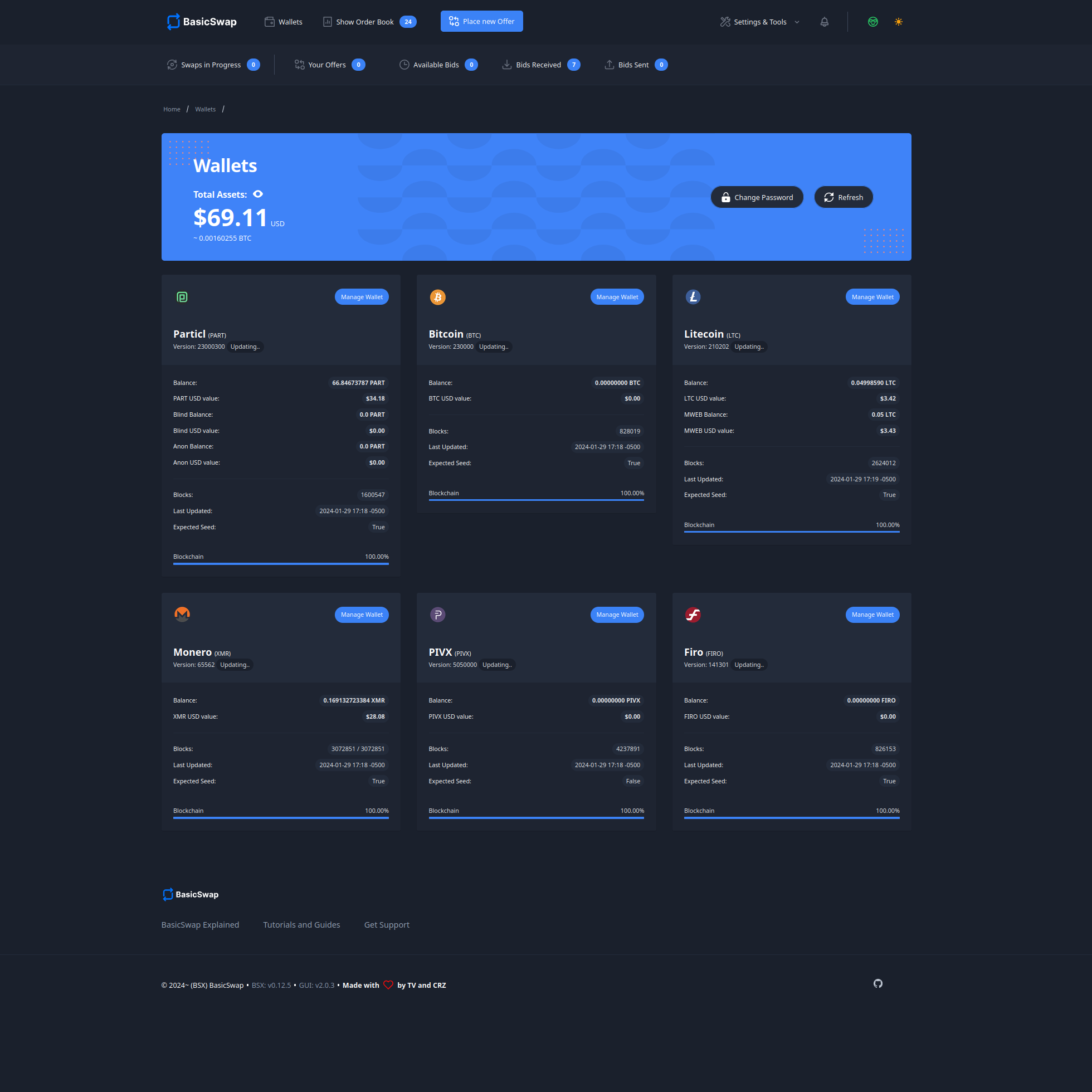 BasicSwap's wallets page — WIP, design subject to change
